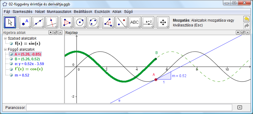 2. példa: Függvény érintője és deriváltja Feladat: Hozzuk létre az f(x) = sin(x) függvényt, a függvény deriváltját, egy pontjához tartozó érintőjét, s annak meredekségét mutató háromszöget.