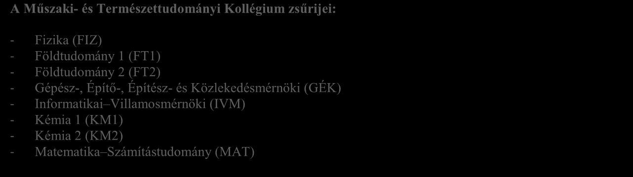 A Műszaki- és Természettudományi Kollégium zsűrijei: - Fizika (FIZ) - Földtudomány 1 (FT1) - Földtudomány 2 (FT2) - Gépész-, Építő-,