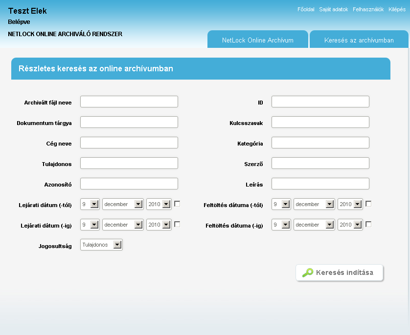 10.2 Részletes keresés A részletes keresés a Keresés az archívumban menüpont alatt érhető el.