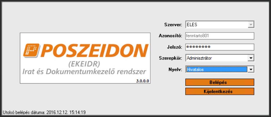 3. A Poszeidon vastag kliens általános bemutatása 3.1. Belépés a rendszerbe A belépéshez elsőként szükség van az azonosító és a jelszó megadására.