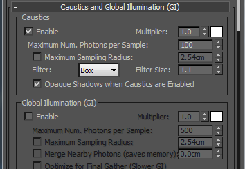 Jelenleg ez az érték 100 000 A Caustics render setup-ja eléggé hasonlít a GI-éhoz Itt is van Max Num. Photons Per Sample, és sampling radius illetve multiplier.