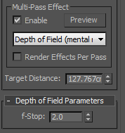 Ha Camera nézetből akarsz DOF-ot csinálni akkor valójában nem a render setup-ban lesz ennek a beállítása, hanem magában a Camera objektumban.