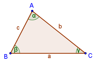 Jelölések: Három csúcs: A; B; C A csúcsokkal szemközti oldalak rendre: a, b, c A csúcsoknál lévő megfelelő belső szögeik rendre: α; β; γ Háromszögek Háromszög szögeivel és oldalaival kapcsolatos