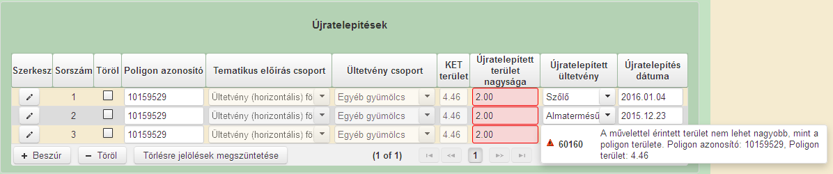 szerkeszthető Tematikus előírás csoport, Ültetvénycsoport illetve KET terület mezők. Mindhárom mező a támogatási okiratban (vagy annak hiányában a támogatási kérelemben) szereplő adatokat tartalmazza.