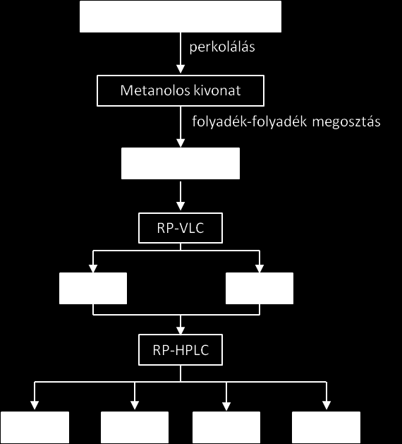 A Polygonum persicaria vegyületeinek izolálása A P. persicaria (baracklevelű keserűfű) kloroformos fázisát folyadékkromatográfiával frakcionáltuk fordított fázisú szilikagél oszlopon (3. ábra).