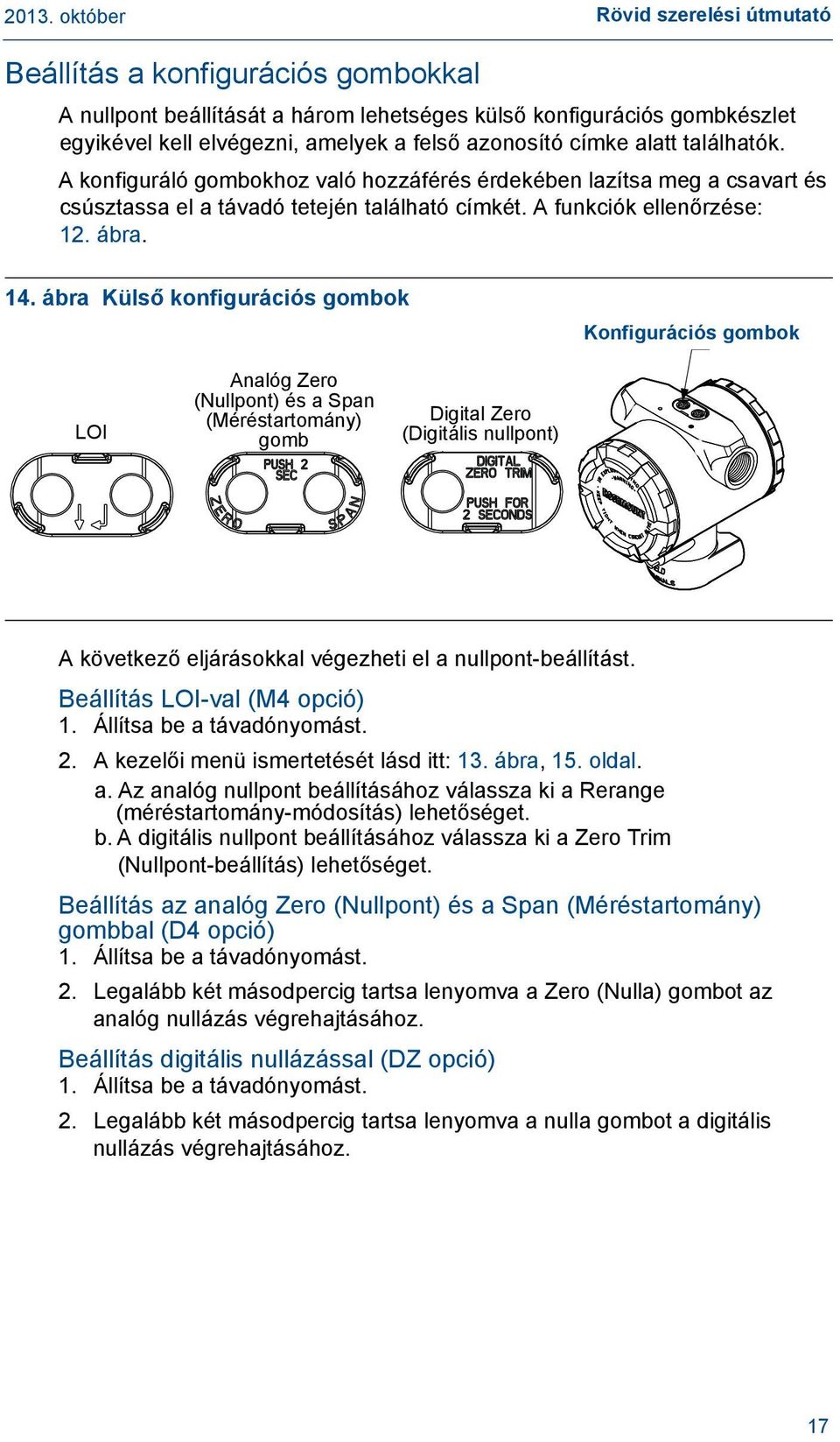 ábra Külső konfigurációs gombok Analóg Zero (Nullpont) és a Span (Méréstartomány) Digital Zero LOI Analog Zero gomband Span (Digitális Digital nullpont) Zero Konfigurációs gombok A.