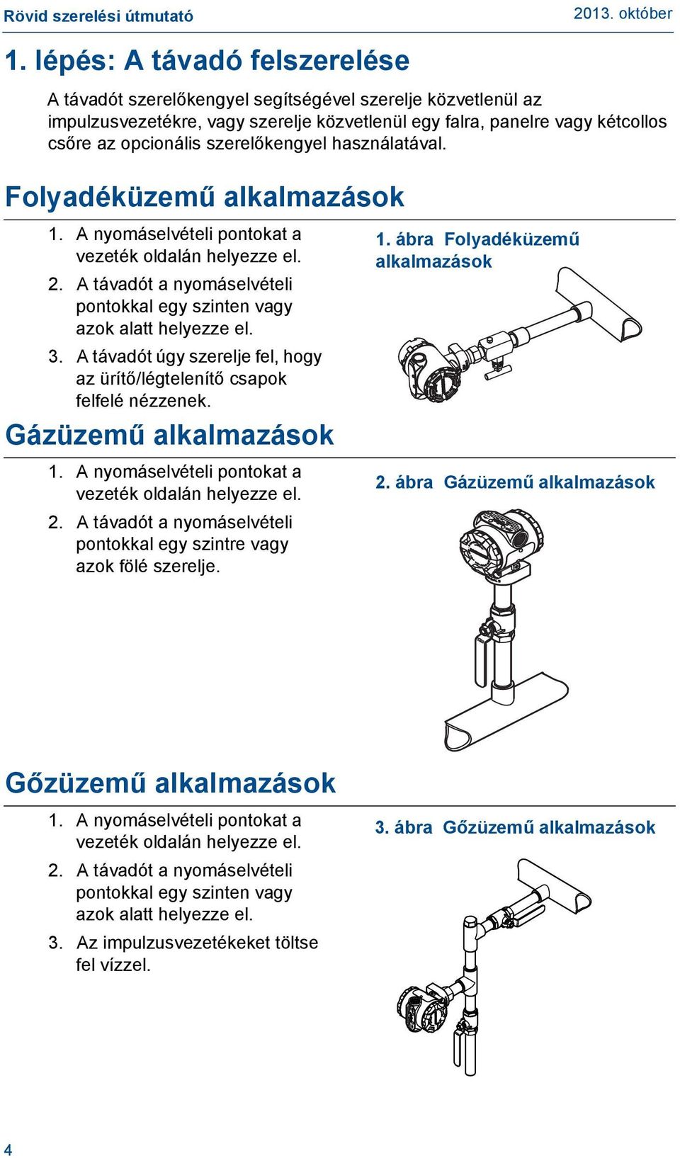 A távadót úgy szerelje fel, hogy az ürítő/légtelenítő csapok felfelé nézzenek. Gázüzemű alkalmazások 1. A nyomáselvételi pontokat a vezeték oldalán helyezze el. 2.