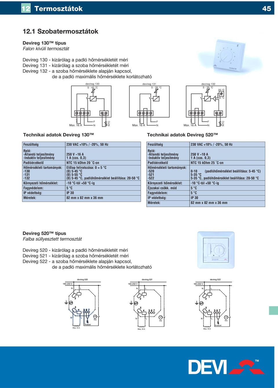 kapcsol, de a padló axiális hôérséklete korlátozható Max. 16 A Technikai adatok Devireg 130 Max. 16 A Max.