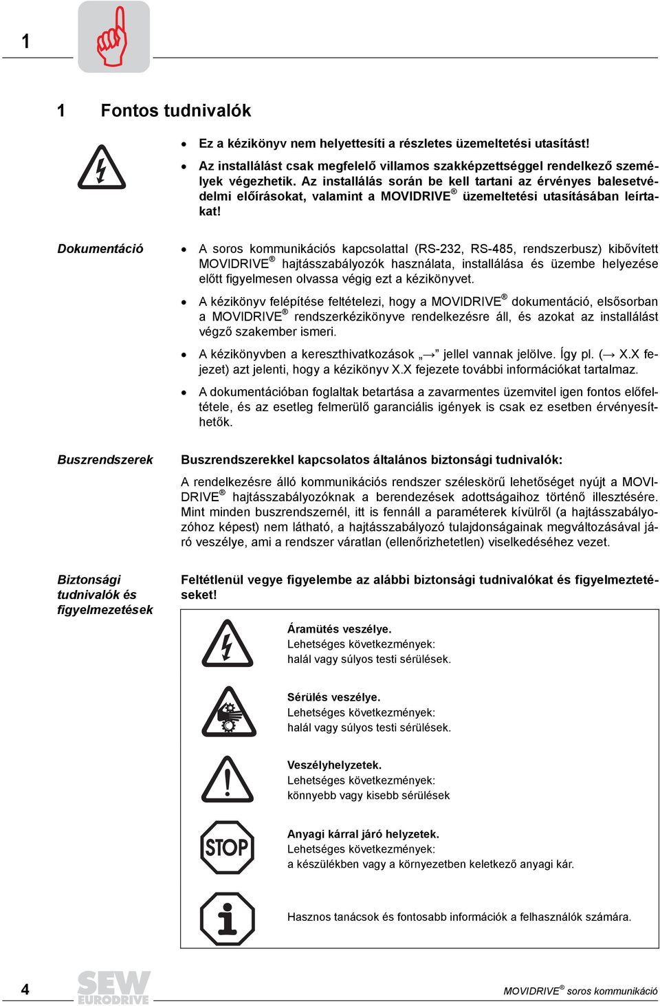 Dokumentáció A soros kommunikációs kapcsolattal (RS-232, RS-485, rendszerbusz) kibővített MOVIDRIVE hajtásszabályozók használata, installálása és üzembe helyezése előtt figyelmesen olvassa végig ezt