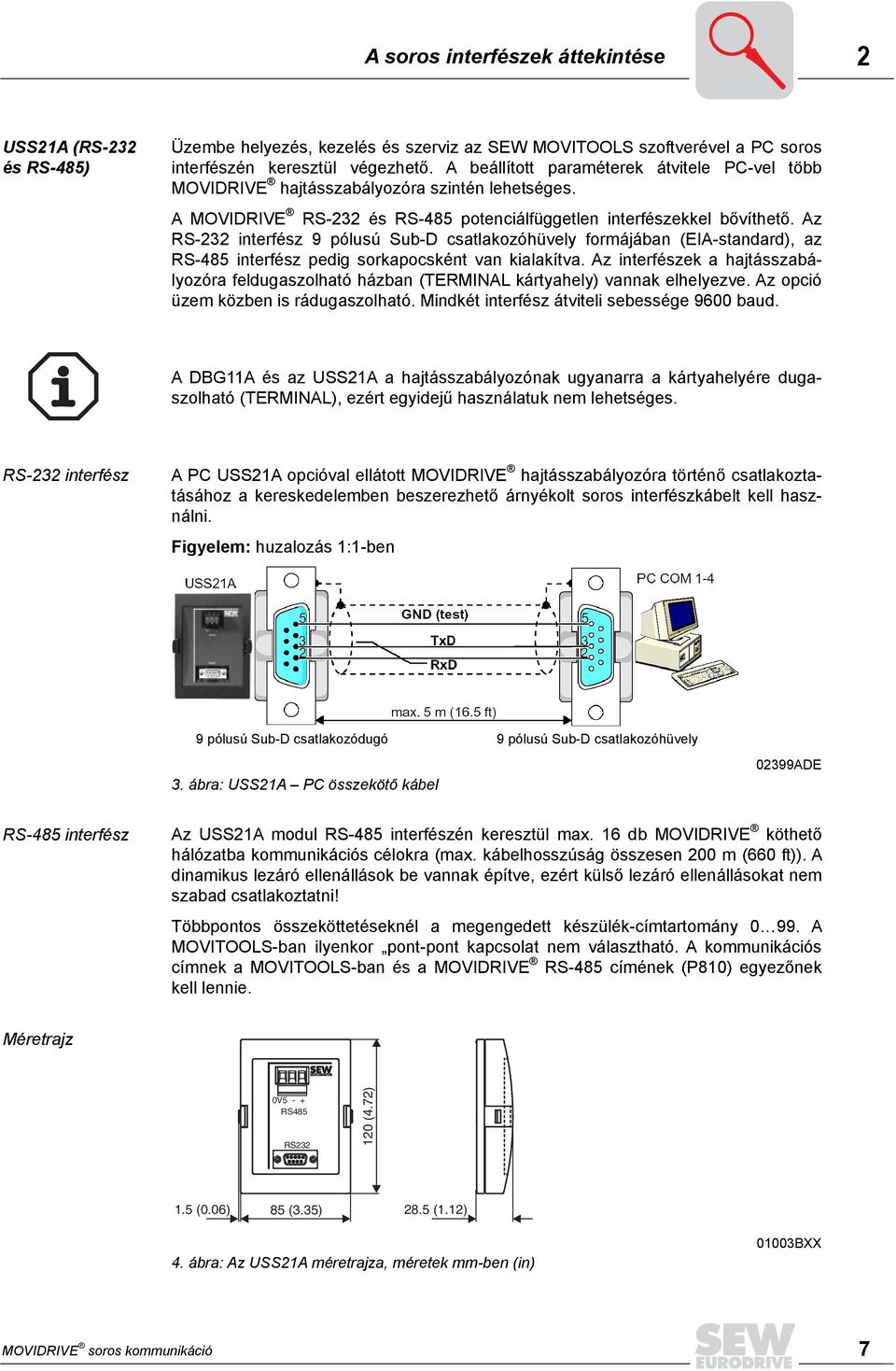Az RS-232 interfész 9 pólusú Sub-D csatlakozóhüvely formájában (EIA-standard), az RS-485 interfész pedig sorkapocsként van kialakítva.