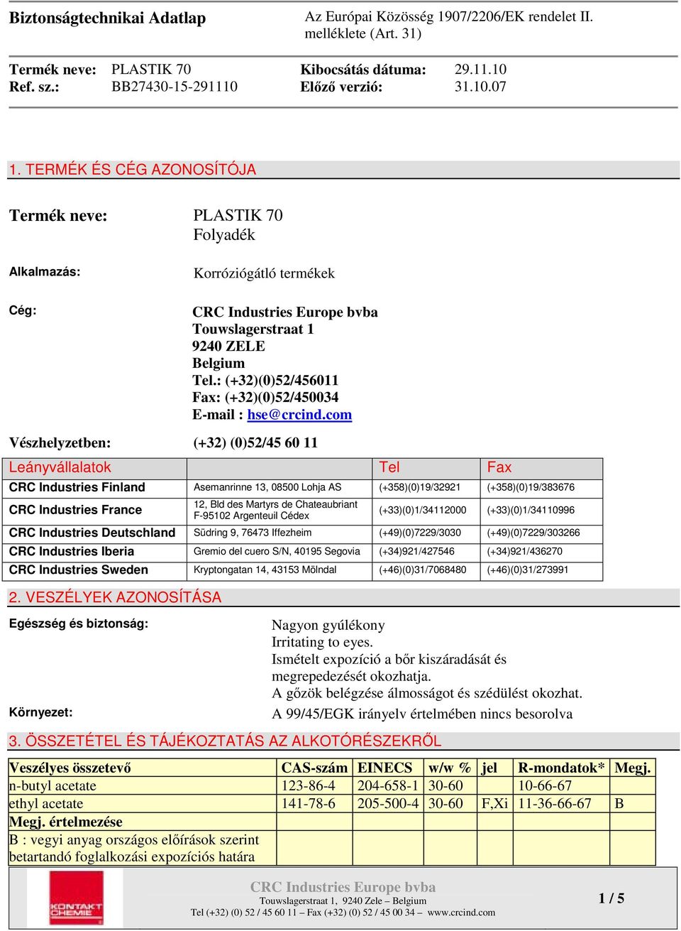 com Vészhelyzetben: (+32) (0)52/45 60 11 Leányvállalatok Tel Fax CRC Industries Finland Asemanrinne 13, 08500 Lohja AS (+358)(0)19/32921 (+358)(0)19/383676 CRC Industries France 12, Bld des Martyrs