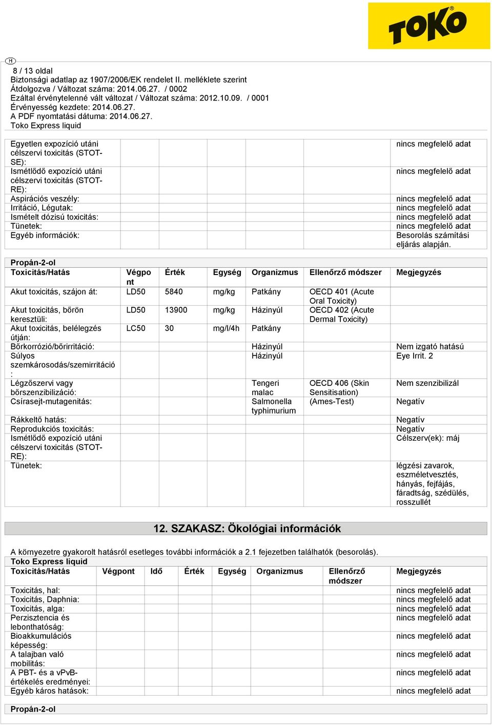 Propán-2-ol Toxicitás/Hatás Végpo Érték Egység Organizmus Ellenőrző módszer Megjegyzés nt Akut toxicitás, szájon át: LD50 5840 mg/kg Patkány OECD 401 (Acute Oral Toxicity) Akut toxicitás, bőrön