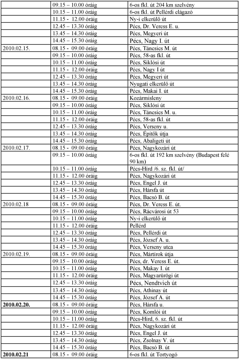 15 11.00 óráig Pécs, Táncsics M. u. 11.15-12.00 óráig Pécs, 58-as fkl. út 12.45 13.30 óráig Pécs, Verseny u. 2010.02.17. 08.15-09.00 óráig Pécs, Nagykozári út 2010.02.18 08.