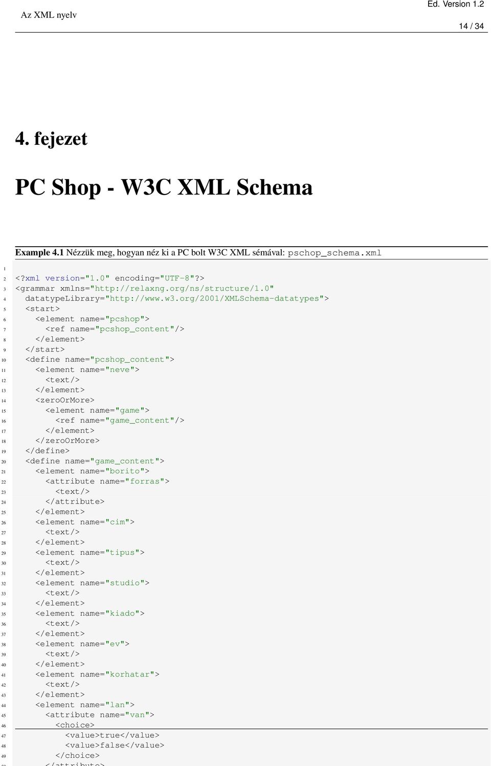 org/2001/xmlschema-datatypes"> 5 <start> 6 <element name="pcshop"> 7 <ref name="pcshop_content"/> 8 </element> 9 </start> 10 <define name="pcshop_content"> 11 <element name="neve"> 12 <text/> 13