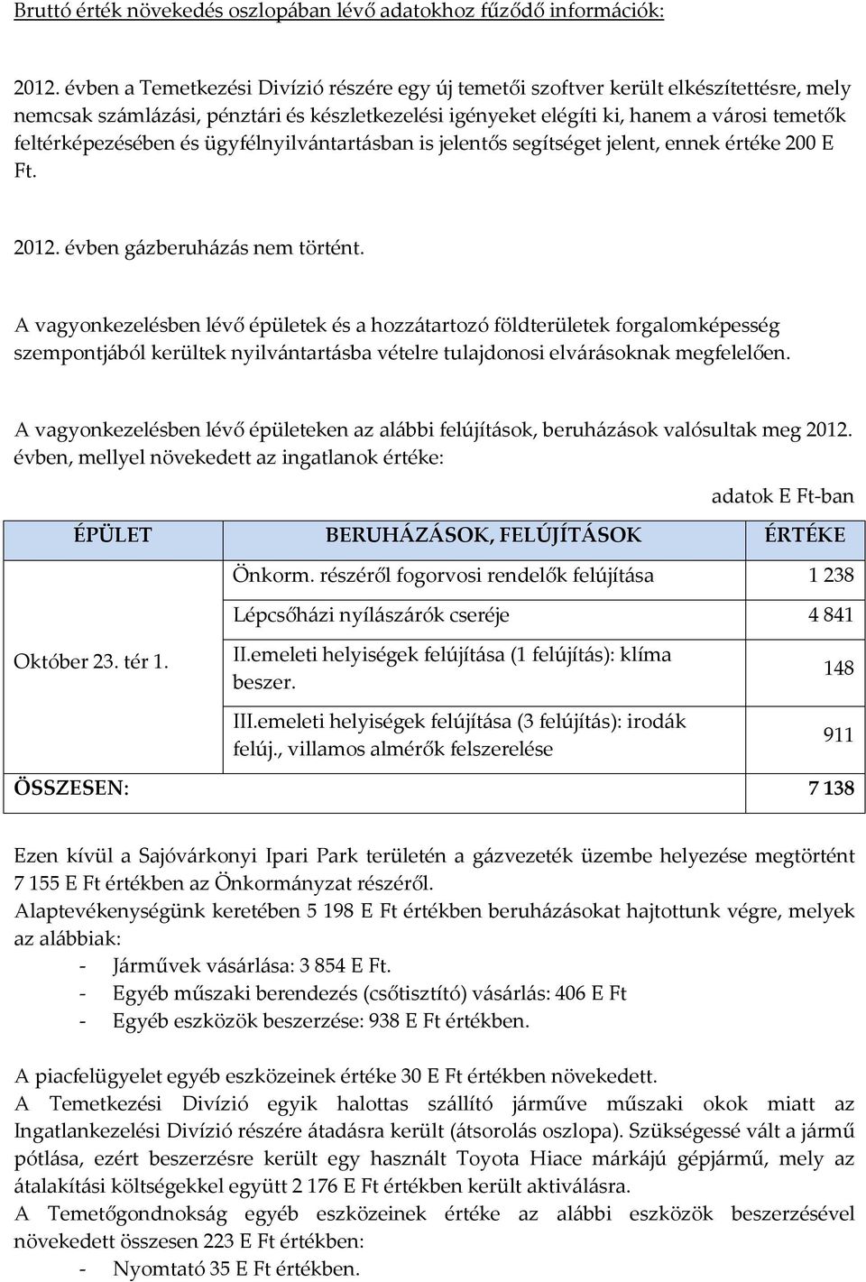 és ügyfélnyilvántartásban is jelentős segítséget jelent, ennek értéke 2 E Ft. 212. évben gázberuházás nem történt.