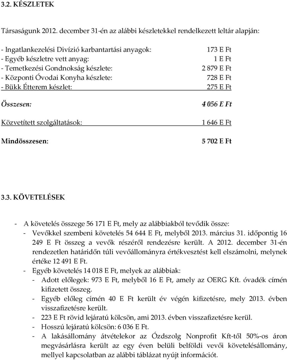 879 E Ft - Központi Óvodai Konyha készlete: 728 E Ft - Bükk Étterem készlet: 275 E Ft Összesen: Közvetített szolgáltatások: Mindösszesen: 4 56 E Ft 1 646 E Ft 5 72 E Ft 3.