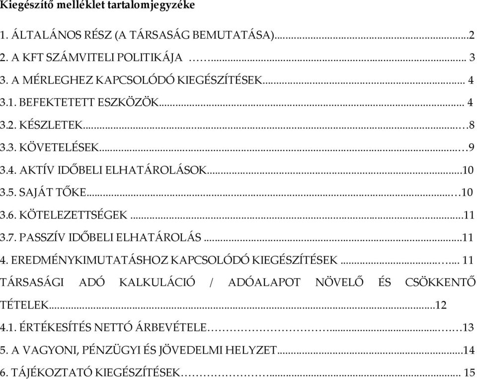 5. SAJÁT TŐKE... 1 3.6. KÖTELEZETTSÉGEK...11 3.7. PASSZÍV IDŐBELI ELHATÁROLÁS...11 4. EREDMÉNYKIMUTATÁSHOZ KAPCSOLÓDÓ KIEGÉSZÍTÉSEK.