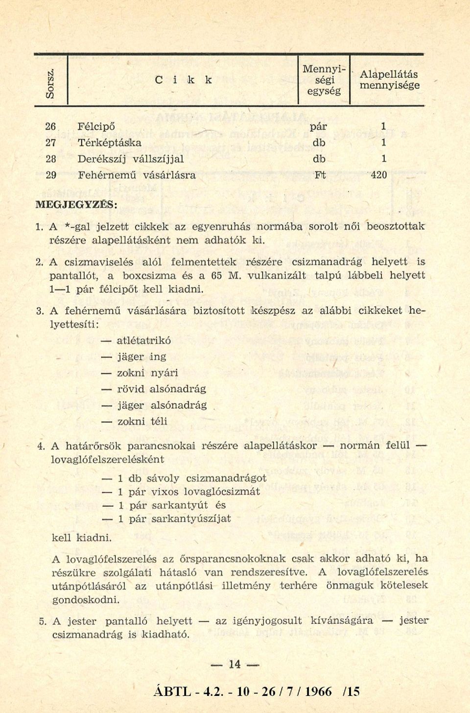 A csizmaviselés alól felmentettek részére csizmanadrág helyett is pantallót, a boxcsizma és a 65 M. vulkanizált talpú lábbeli helyett 1-1 pár félcipőt kell kiadni. 3.