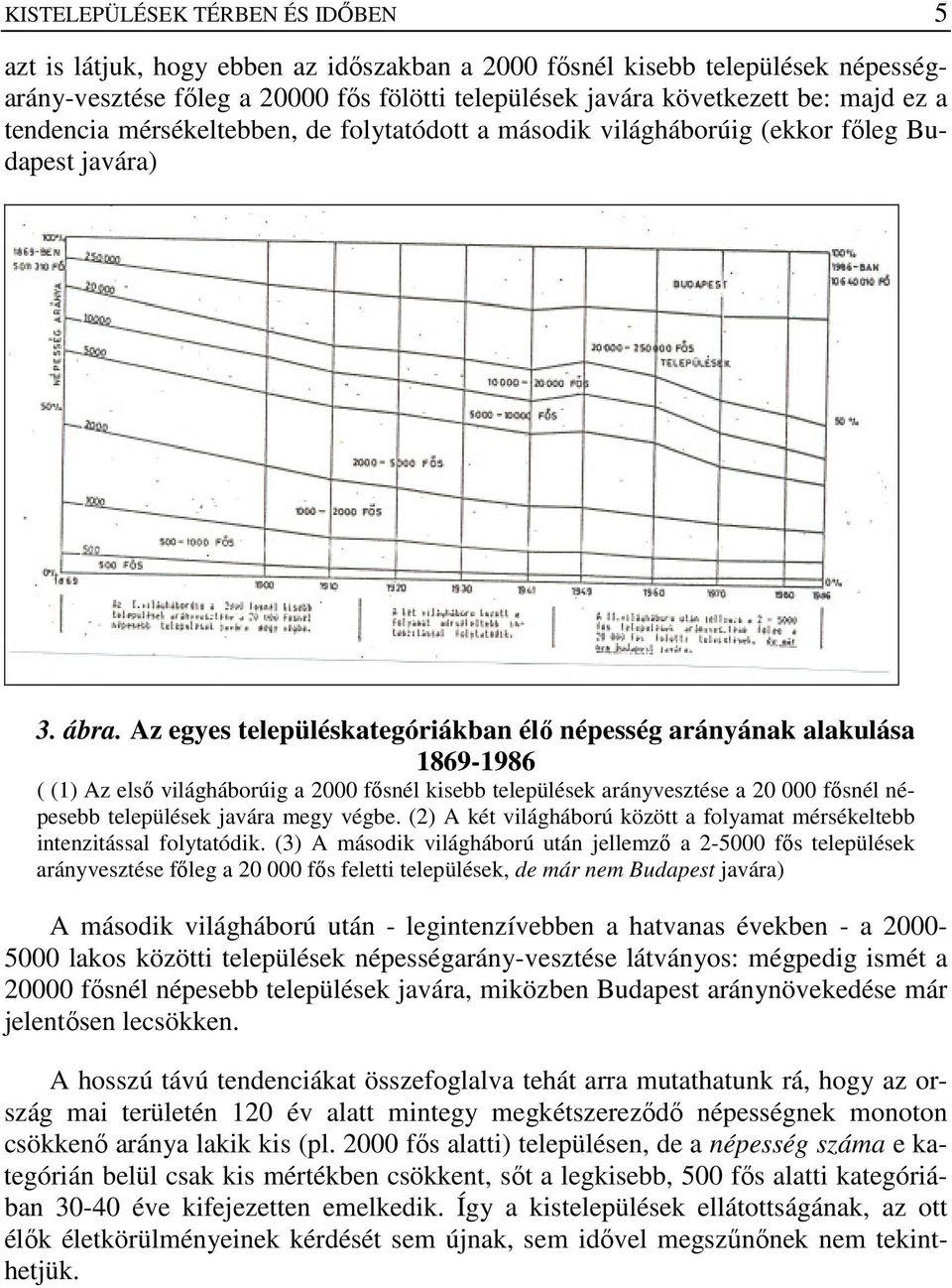 Az egyes településkategóriákban élı népesség arányának alakulása 1869-1986 ( (1) Az elsı világháborúig a 2000 fısnél kisebb települések arányvesztése a 20 000 fısnél népesebb települések javára megy