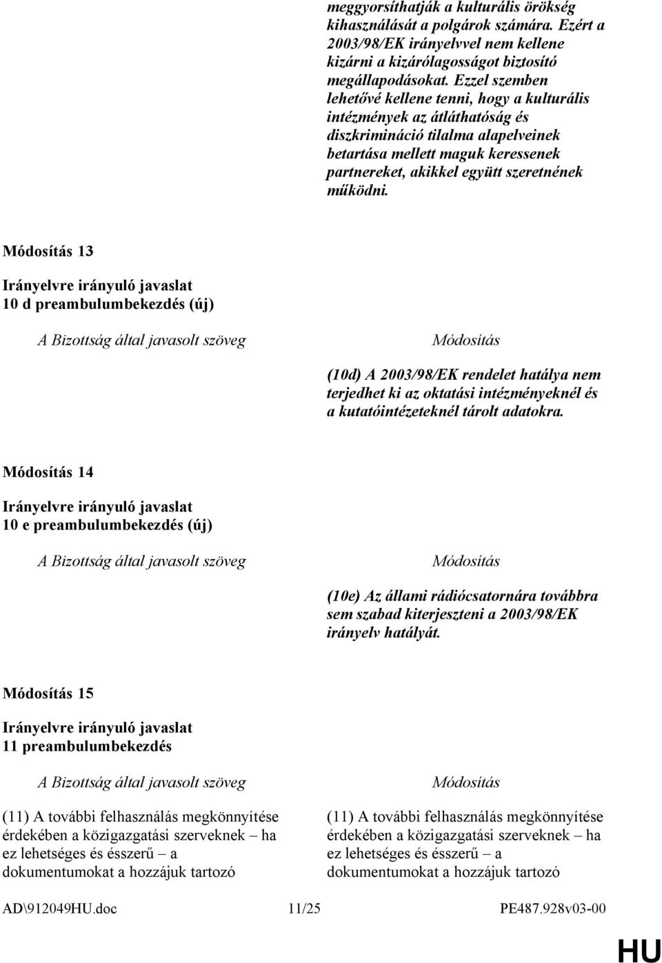 működni. 13 10 d preambulumbekezdés (új) (10d) A 2003/98/EK rendelet hatálya nem terjedhet ki az oktatási intézményeknél és a kutatóintézeteknél tárolt adatokra.