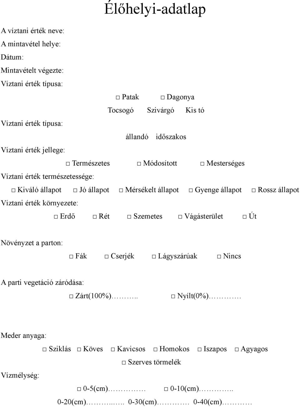 Gyenge állapot Rossz állapot Víztani érték környezete: Erdő Rét Szemetes Vágásterület Út Növényzet a parton: Fák Cserjék Lágyszárúak Nincs A parti vegetáció