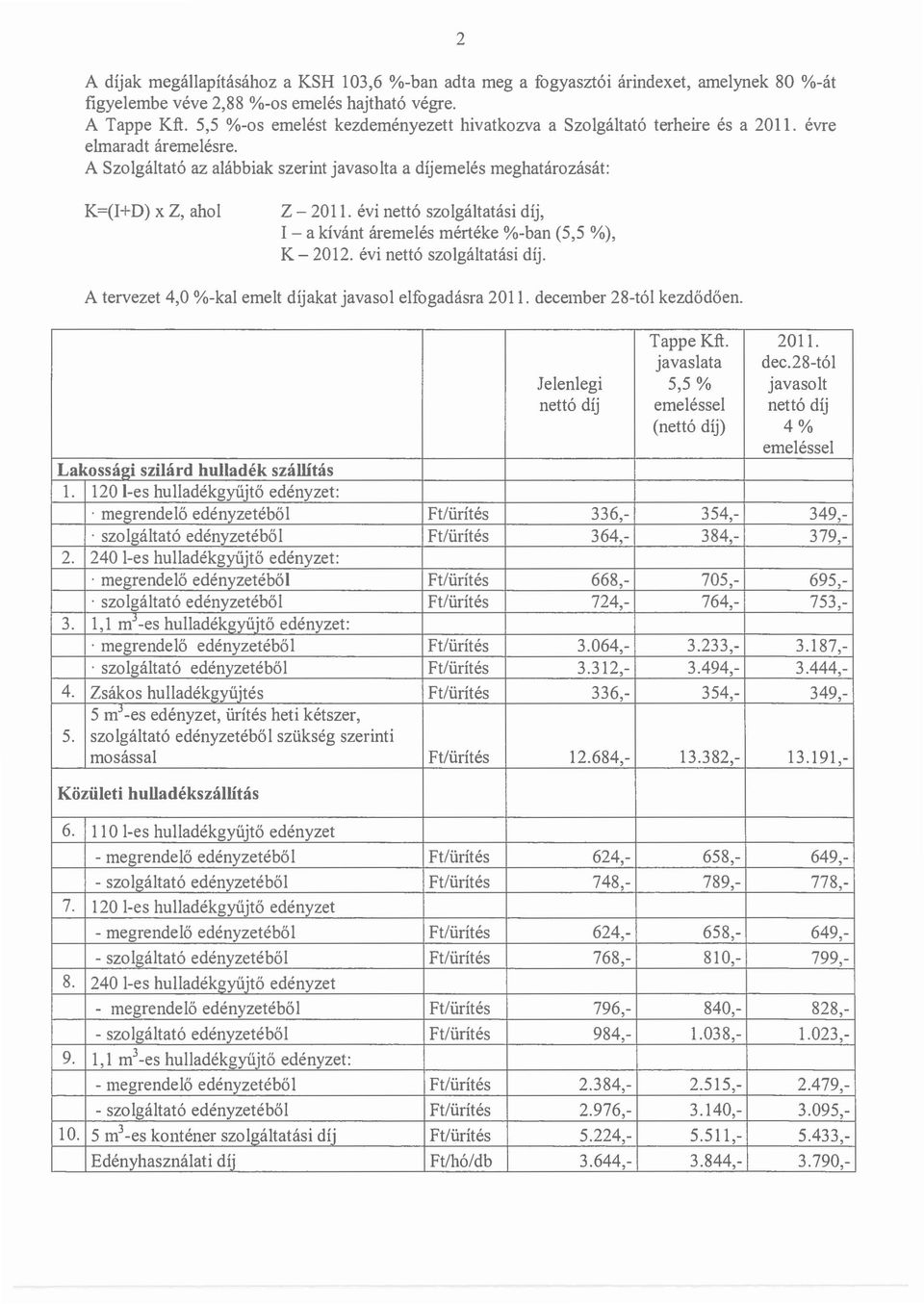 A Szolgaltato az alabbiak szerint javasolta a dijemeles meghatarozasat: K=(I+D) x Z, aho1 Z - 2011. evi netto szolgaltatasi dij, I - a kivant arerneles merteke %-ban (5,5 %), K - 2012.