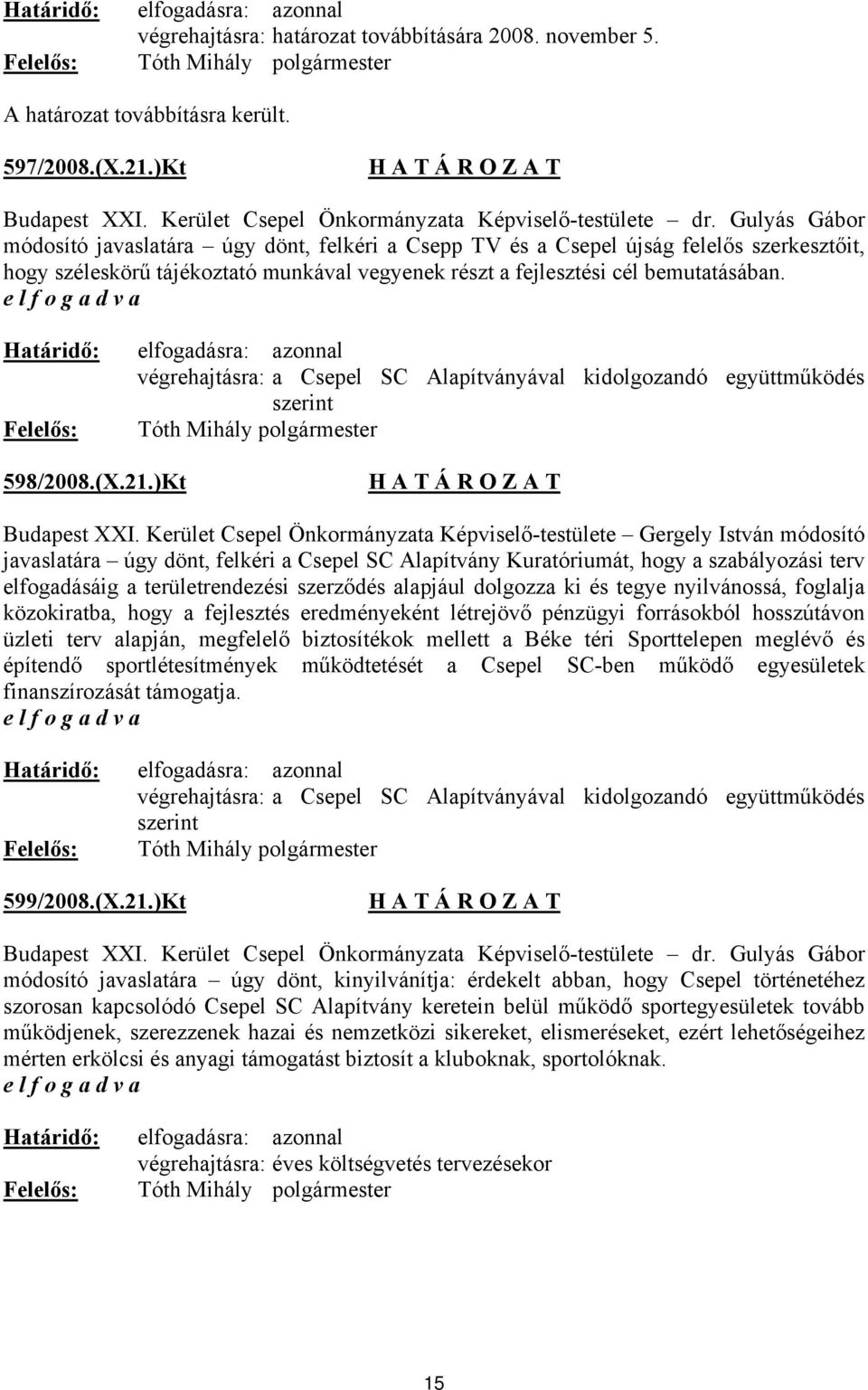 végrehajtásra: a Csepel SC Alapítványával kidolgozandó együttműködés szerint 598/2008.(X.21.)Kt Budapest XXI.