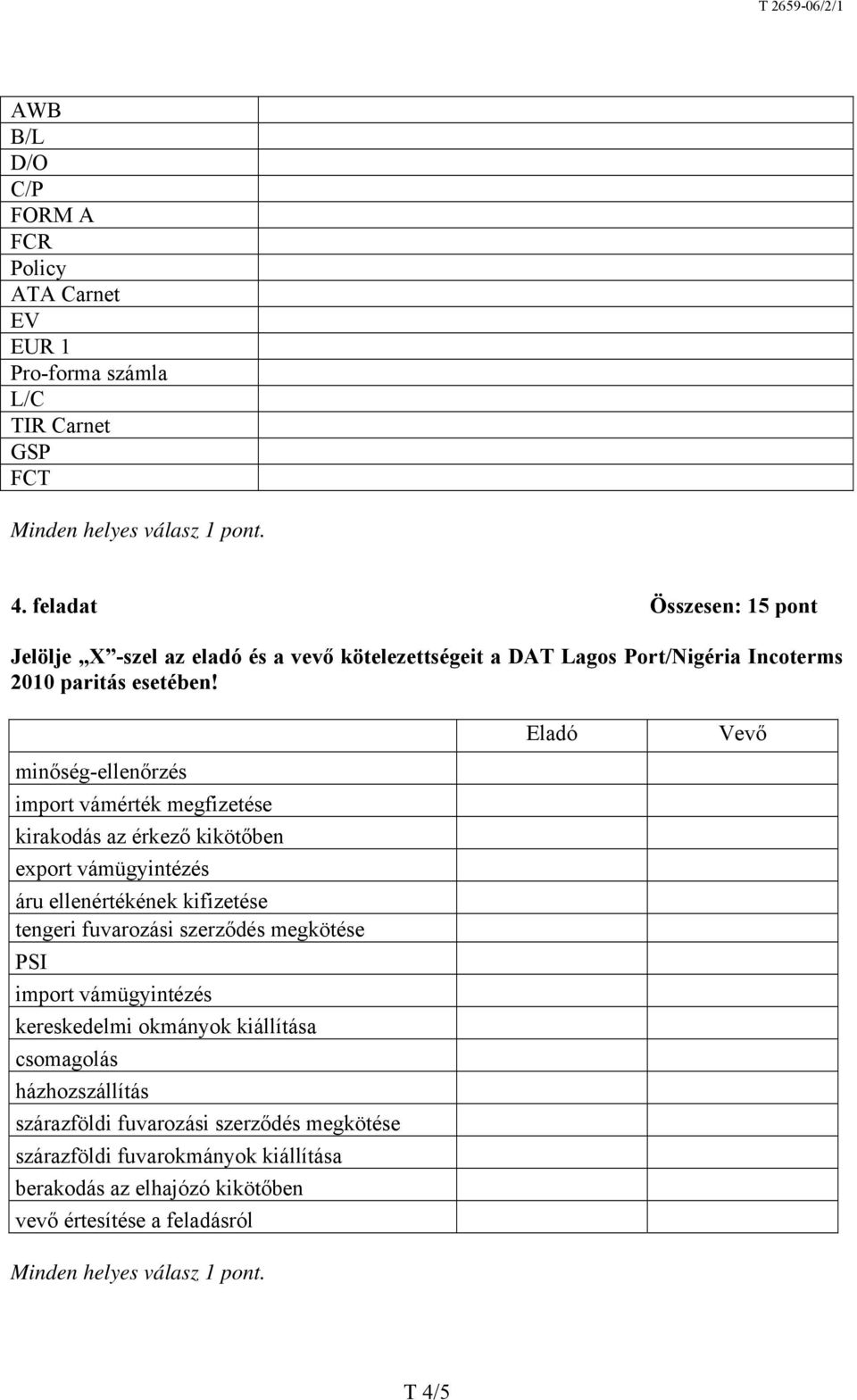 Eladó Vevő minőség-ellenőrzés import vámérték megfizetése kirakodás az érkező kikötőben export vámügyintézés áru ellenértékének kifizetése tengeri fuvarozási szerződés