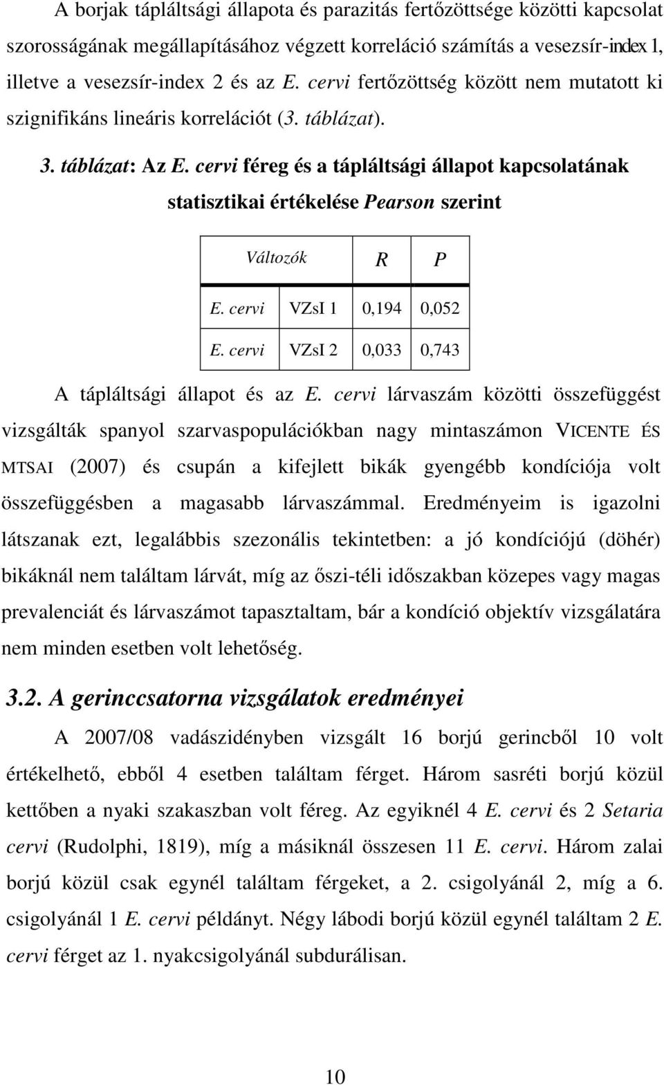 cervi féreg és a tápláltsági állapot kapcsolatának statisztikai értékelése Pearson szerint Változók R P E. cervi VZsI 1 0,194 0,052 E. cervi VZsI 2 0,033 0,743 A tápláltsági állapot és az E.