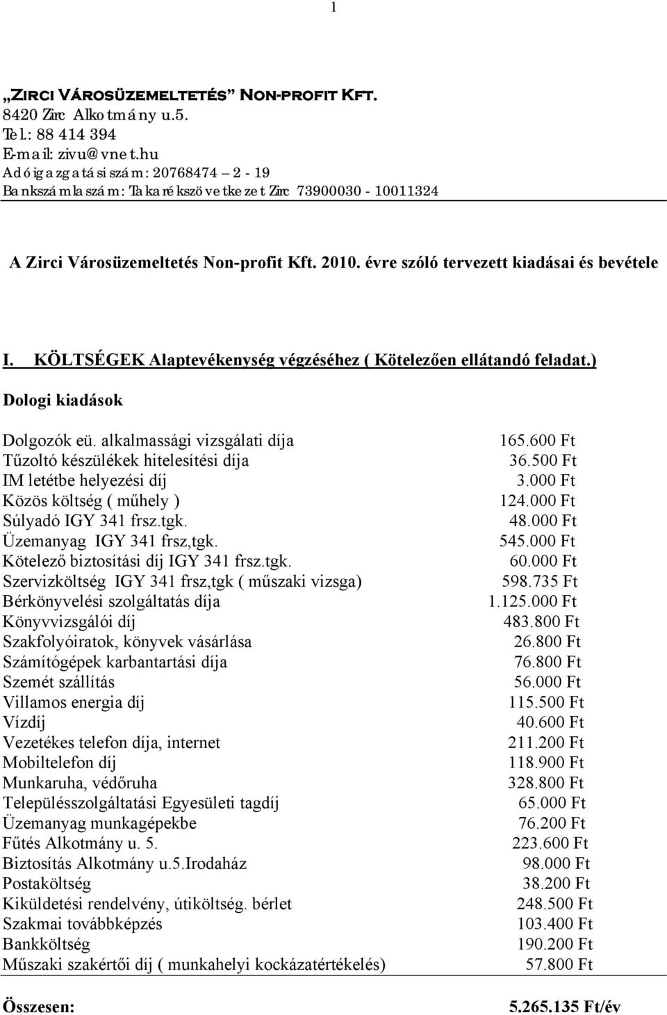 KÖLTSÉGEK Alaptevékenység végzéséhez ( Kötelezően ellátandó feladat.) Dologi kiadások Dolgozók eü.