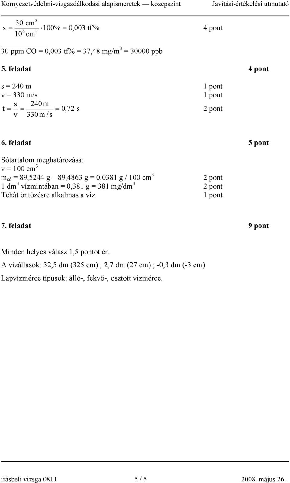 feladat 5 pont Sótartalom meghatározása: v = 100 cm 3 m só = 89,5244 g 89,4863 g = 0,0381 g / 100 cm 3 2 pont 1 dm 3 vízmintában = 0,381 g = 381