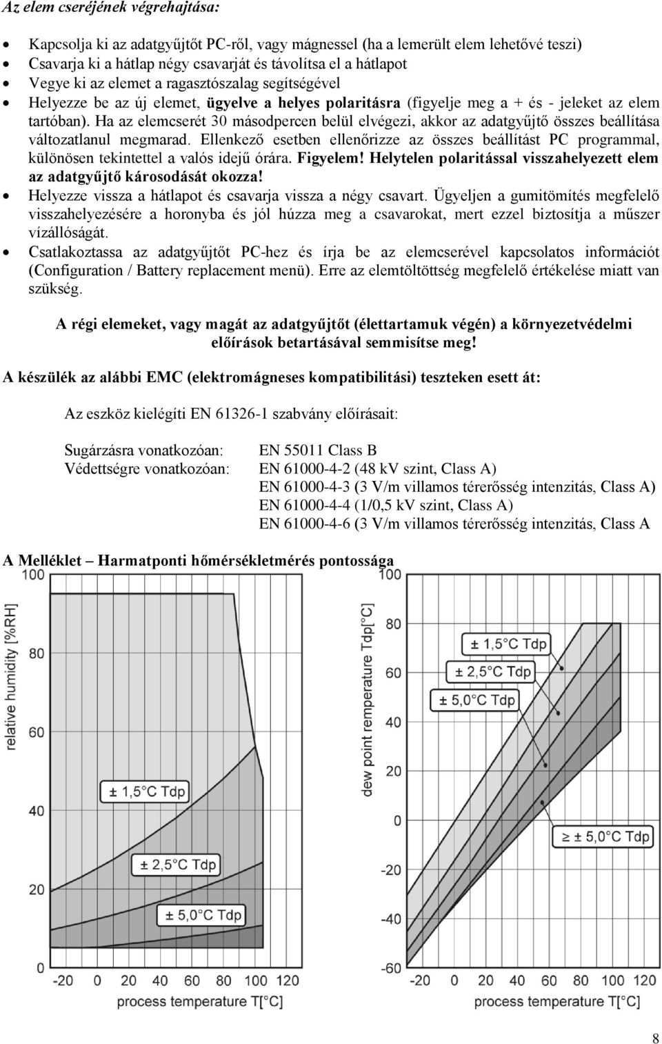 Ha az elemcserét 30 másodpercen belül elvégezi, akkor az adatgyűjtő összes beállítása változatlanul megmarad.