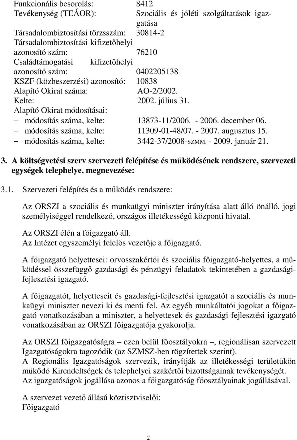 Alapító Okirat módosításai: módosítás száma, kelte: 13873-11/2006. - 2006. december 06. módosítás száma, kelte: 11309-01-48/07. - 2007. augusztus 15. módosítás száma, kelte: 3442-37/2008-SZMM. - 2009.