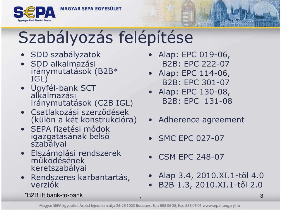 keretszabályai Rendszeres karbantartás, verziók *B2B itt bank-to-bank Alap: EPC 019-06, B2B: EPC 222-07 Alap: EPC 114-06, B2B: EPC 301-07