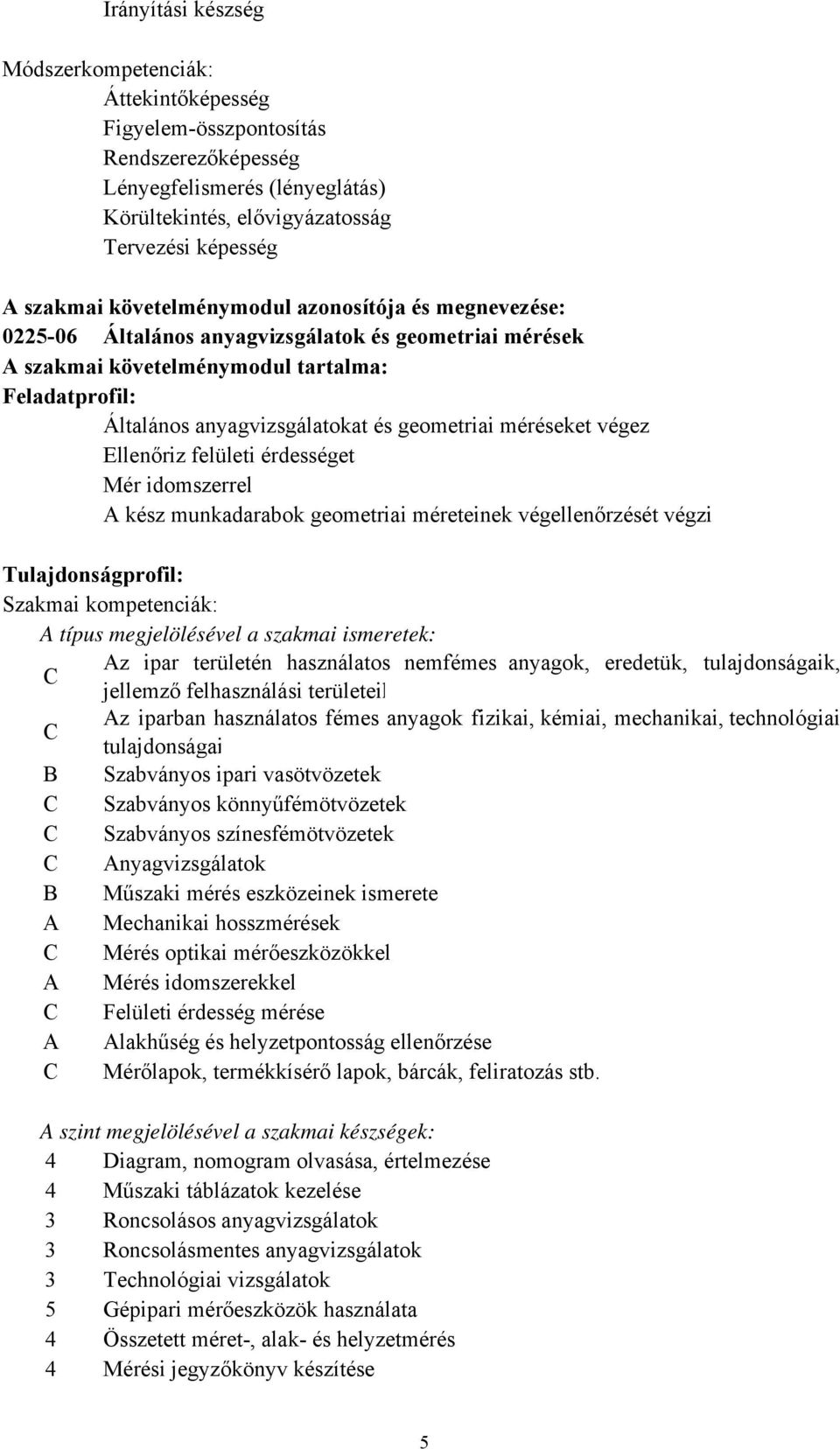 méréseket végez Ellenőriz felületi érdességet Mér idomszerrel A kész munkadarabok geometriai méreteinek végellenőrzését végzi Tulajdonságprofil: Szakmai kompetenciák: A típus megjelölésével a szakmai