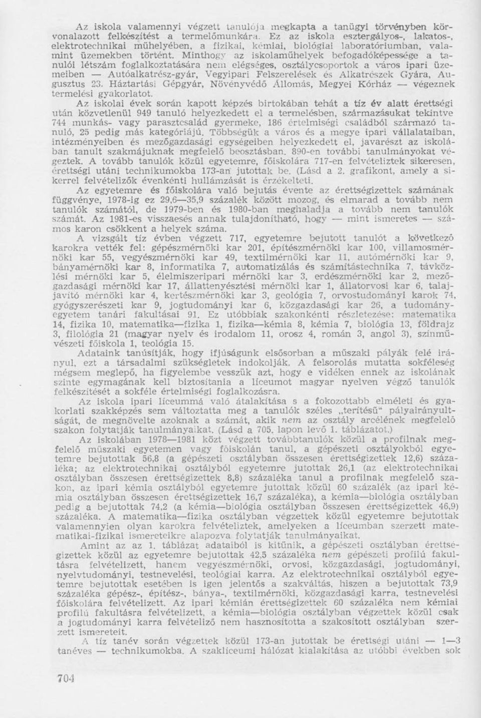 Minthogy az iskolaműhelyek befogadóképessége a tanulói létszám foglalkoztatására nem elégséges, osztálycsoportok a város ipari üzemeiben Autóalkatrész-gyár, Vegyipari Felszerelések és Alkatrészek