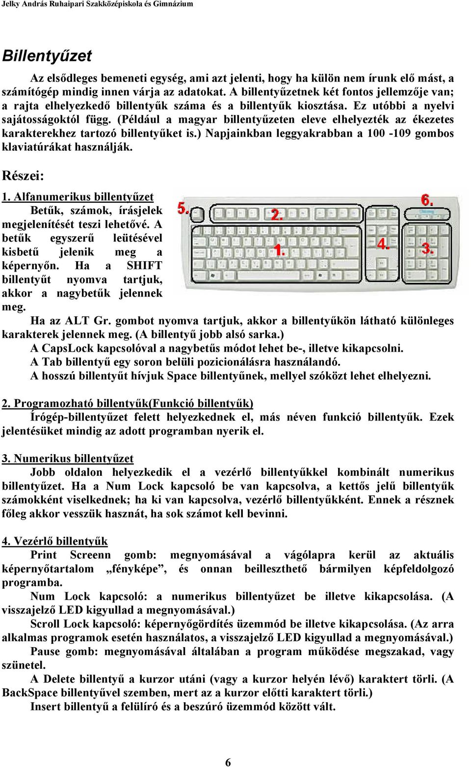 (Például a magyar billentyűzeten eleve elhelyezték az ékezetes karakterekhez tartozó billentyűket is.) Napjainkban leggyakrabban a 100-109 gombos klaviatúrákat használják. Részei: 1.