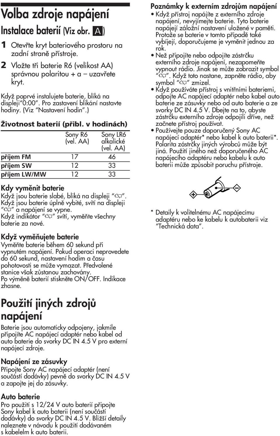 AA) příjem FM 17 46 příjem SW 12 33 příjem LW/MW 12 33 Kdy vymûnit baterie KdyÏ jsou baterie slabé, bliká na displeji E. KdyÏ jsou baterie úplnû vybité, svítí na displeji E a napájení se vypne.