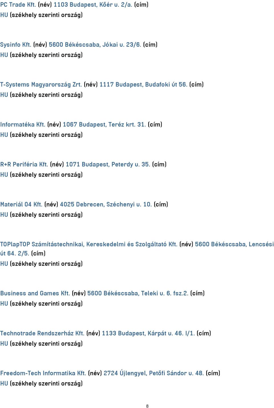 10. (cím) TOPlapTOP Számítástechnikai, Kereskedelmi és Szolgáltató Kft. (név) 5600 Békéscsaba, Lencsési út 64. 2/5. (cím) Business and Games Kft.