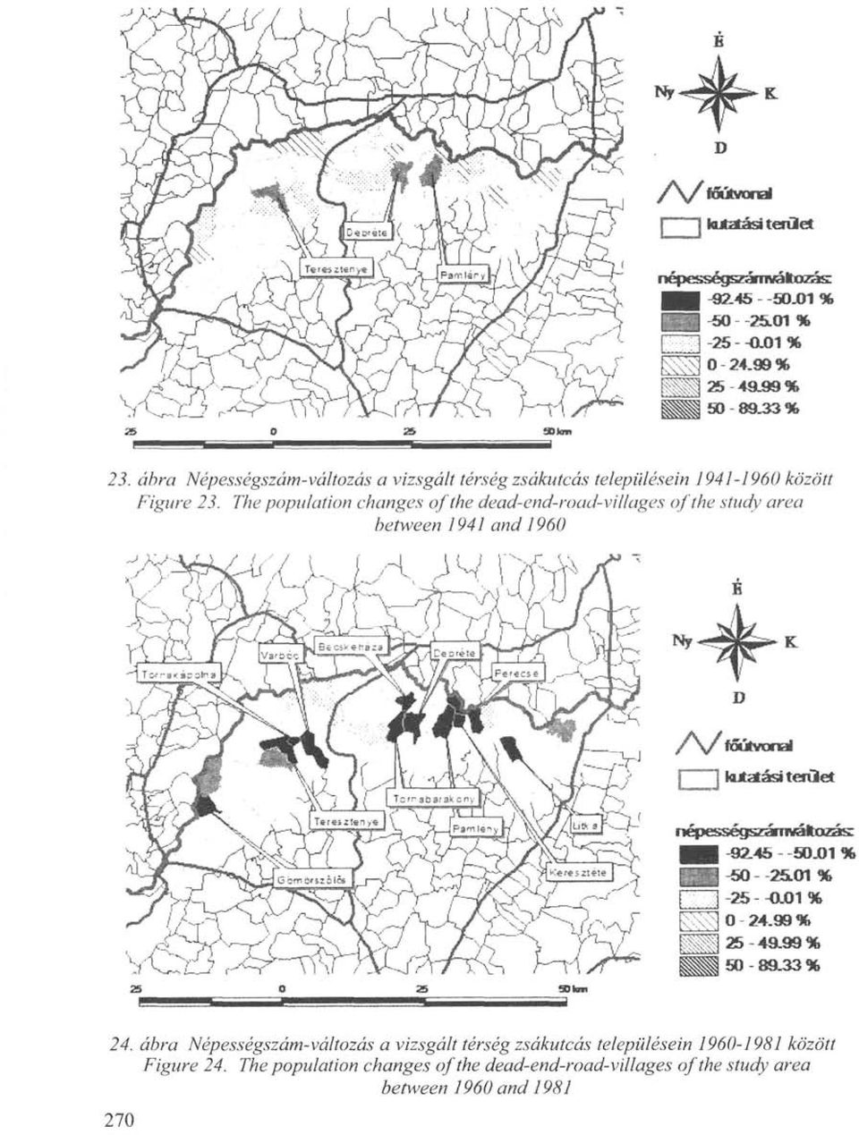 24. ábra Népességszám-változás a vizsgált térség zsákutcás településein 1960-1981 között Figure