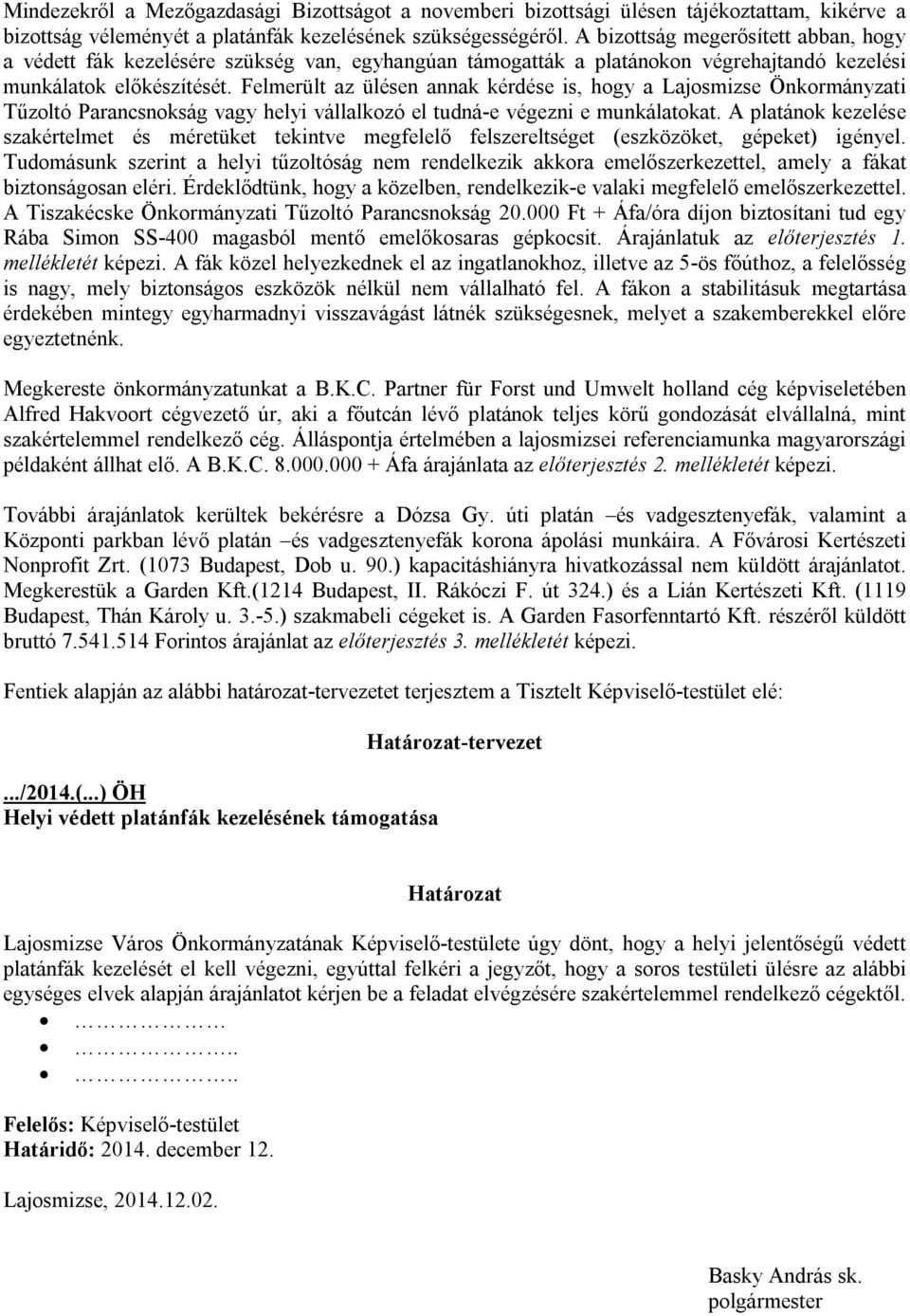 Felmerült az ülésen annak kérdése is, hogy a Lajosmizse Önkormányzati Tűzoltó Parancsnokság vagy helyi vállalkozó el tudná-e végezni e munkálatokat.