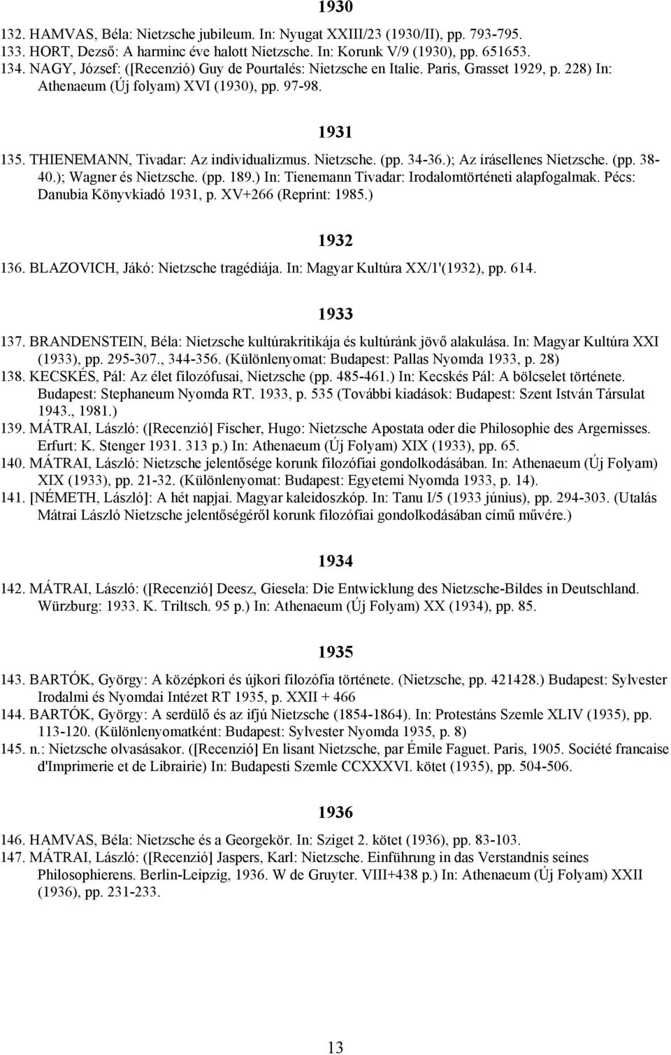 Nietzsche. (pp. 34-36.); Az írásellenes Nietzsche. (pp. 38-40.); Wagner és Nietzsche. (pp. 189.) In: Tienemann Tivadar: Irodalomtörténeti alapfogalmak. Pécs: Danubia Könyvkiadó 1931, p.