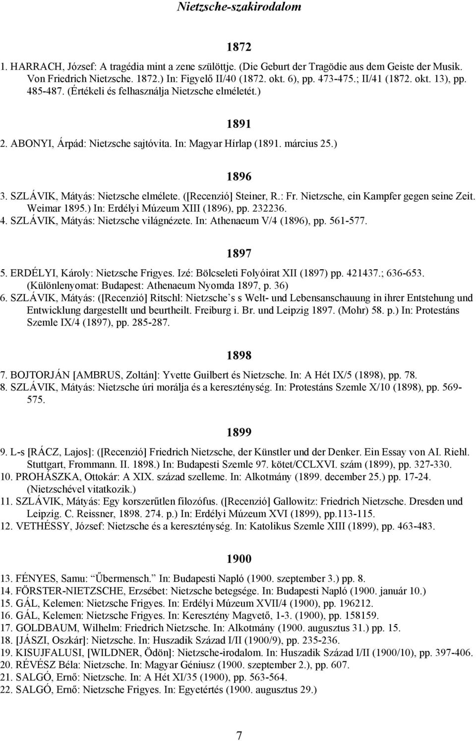SZLÁVIK, Mátyás: Nietzsche elmélete. ([Recenzió] Steiner, R.: Fr. Nietzsche, ein Kampfer gegen seine Zeit. Weimar 1895.) In: Erdélyi Múzeum XIII (1896), pp. 232236. 4.