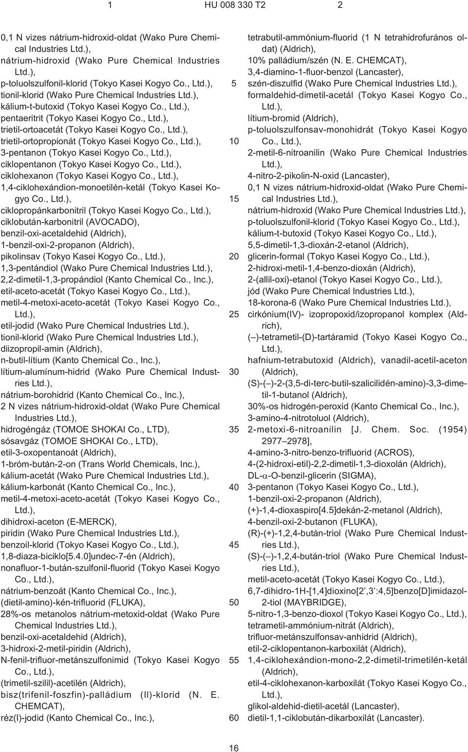 , Ltd.), 3-pentanon (Tokyo Kasei Kogyo Co., Ltd.), ciklopentanon (Tokyo Kasei Kogyo Co., Ltd.), ciklohexanon (Tokyo Kasei Kogyo Co., Ltd.), 1,4-ciklohexándion-monoetilén-ketál (Tokyo Kasei Kogyo Co.