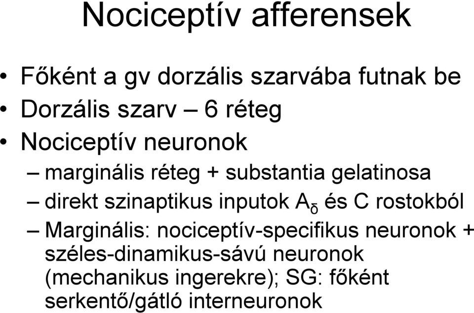 szinaptikus inputok A δ és C rostokból Marginális: nociceptív-specifikus neuronok