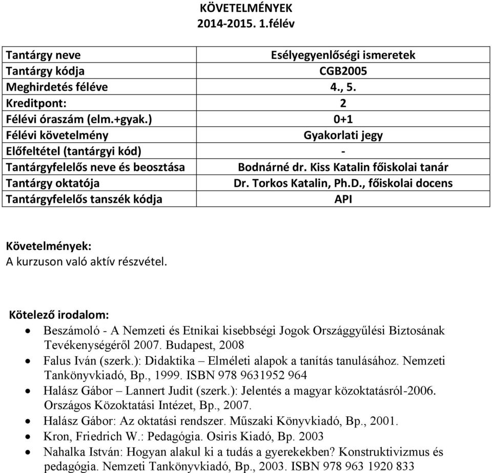 Nemzeti Tankönyvkiadó, Bp., 1999. ISBN 978 9631952 964 Halász Gábor Lannert Judit (szerk.): Jelentés a magyar közoktatásról-2006. Országos Közoktatási Intézet, Bp., 2007.