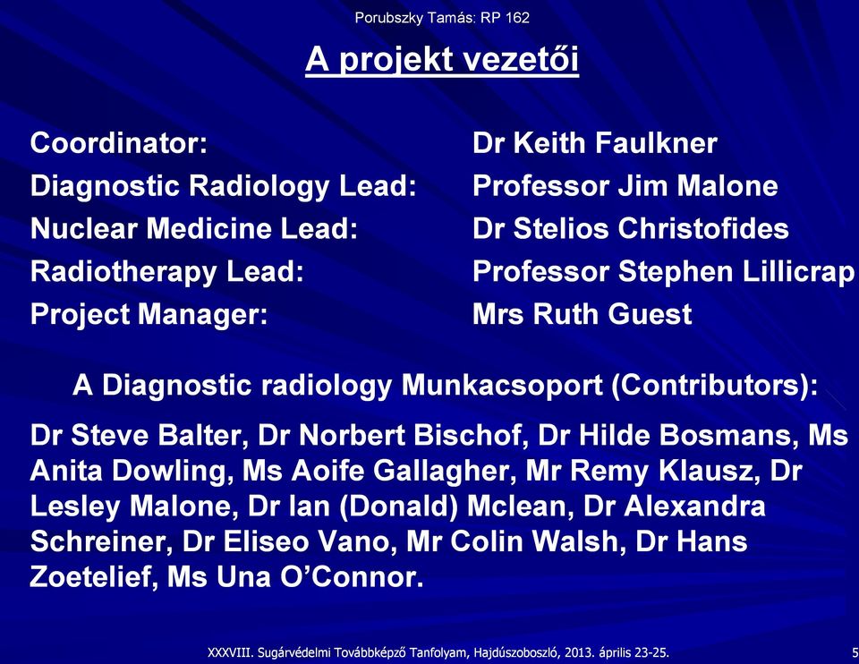 Munkacsoport (Contributors): Dr Steve Balter, Dr Norbert Bischof, Dr Hilde Bosmans, Ms Anita Dowling, Ms Aoife Gallagher, Mr Remy