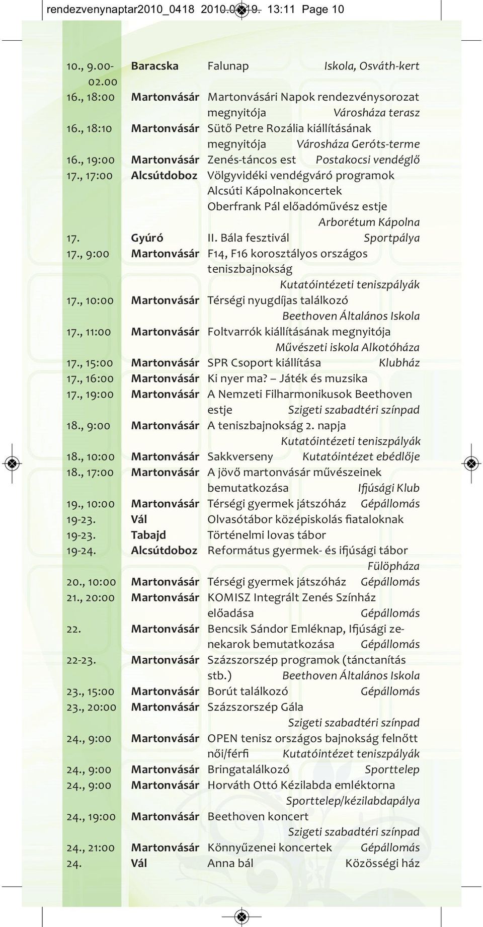 , 20:00 2, 9:00 2, 9:00 2, 9:00 2, 19:00 2, 21:00 2 Falunap, Osváth kert i Napok rendezvénysorozat megnyitója Városháza terasz Sütő Petre Rozália kiállításának megnyitója Városháza Geróts terme Zenés