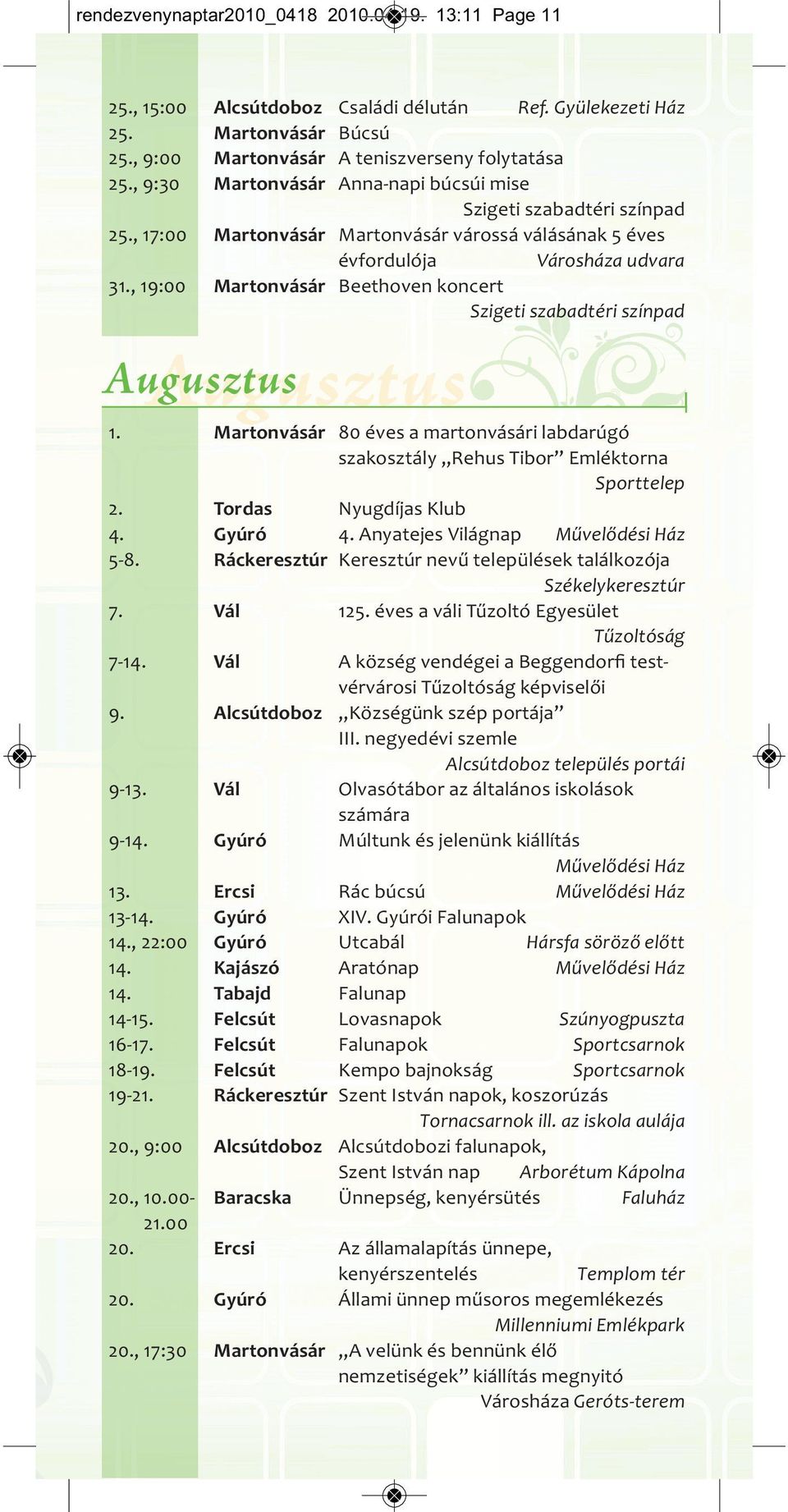 Augusztus 80 éves a martonvásári labdarúgó szakosztály Rehus Tibor Emléktorna Sporttelep 2. Nyugdíjas Klub Anyatejes Világnap 5 8.