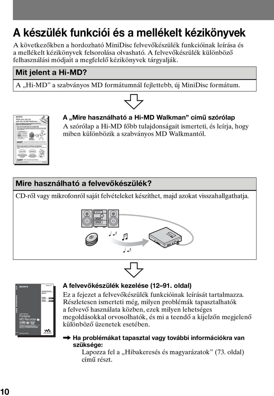 A Mire használható a Hi-MD Walkman című szórólap A szórólap a Hi-MD főbb tulajdonságait ismerteti, és leírja, hogy miben különbözik a szabványos MD Walkmantól. Mire használható a felvevőkészülék?